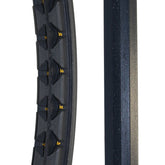 Close up of the 24x1 Urethane Pyramid wheelchair tire featuring corded easier installation design showing inner cords